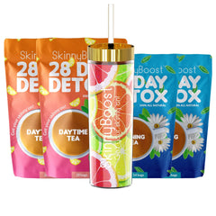 SkinnyBoost tea kit 2-pack with tumbler on display for a convenient detox ritual