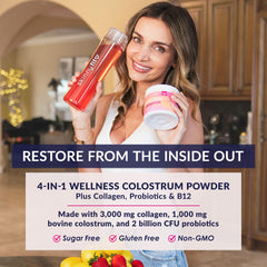 SkinnyFit collagen peptides bottle; promotes firmer skin, stronger hair and nails.