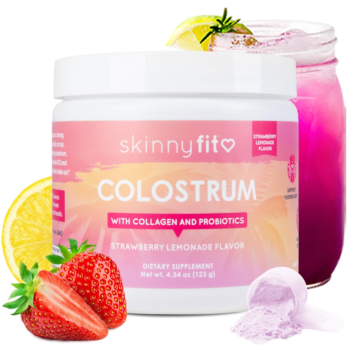 SkinnyFit Colostrum Powder canister; supports immune health and radiant skin.