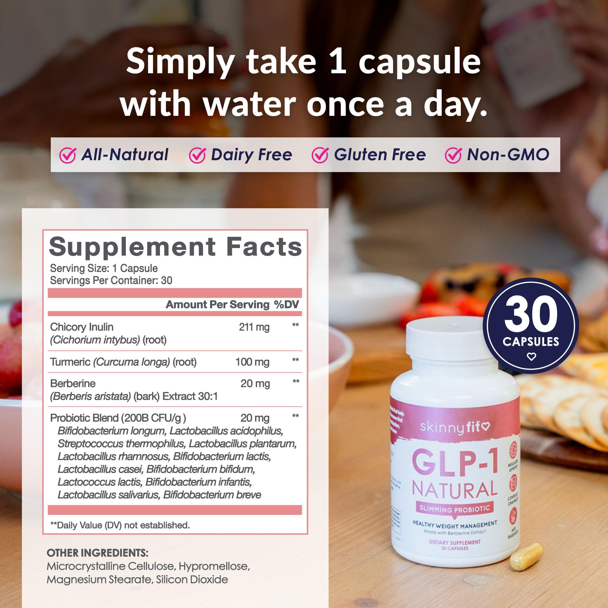 SkinnyFit GLP-1 bottle stacked on a clean kitchen display.