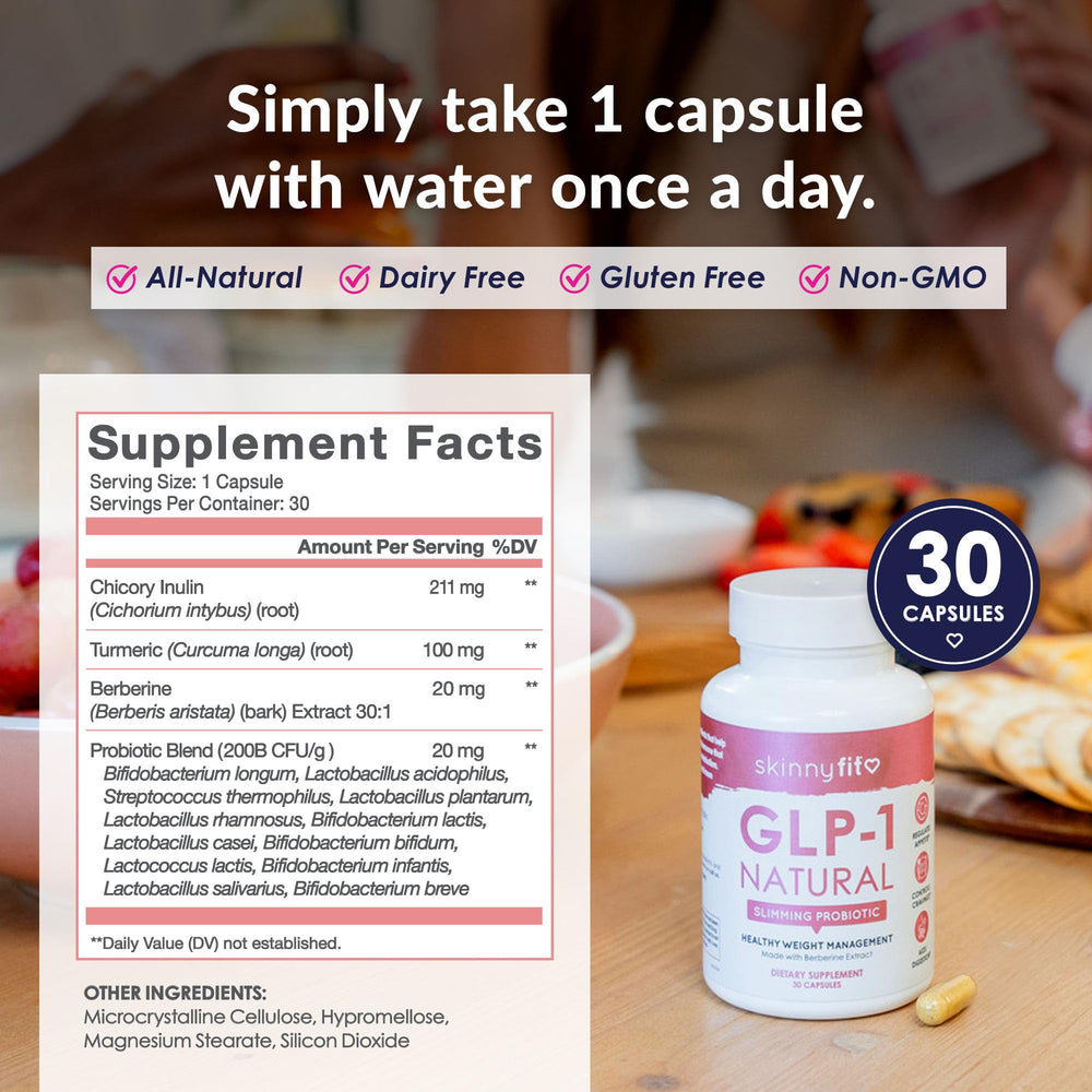 SkinnyFit GLP-1 bottle stacked on a clean kitchen display.