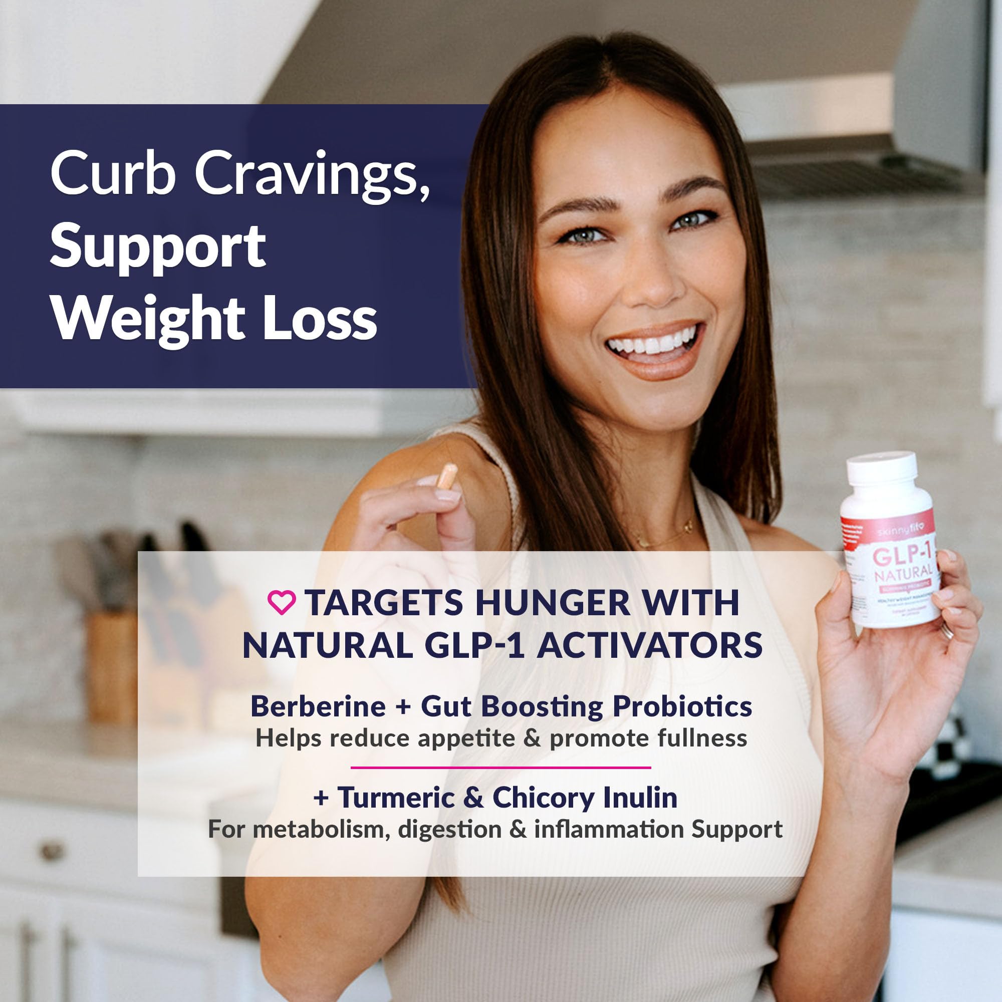 SkinnyFit GLP-1 capsules close-up highlighting probiotic blend for digestion support.