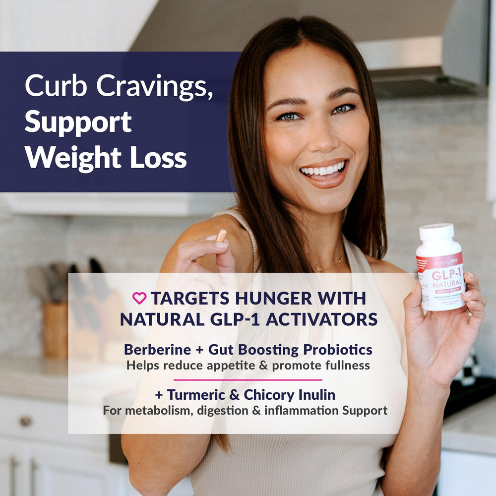 SkinnyFit GLP-1 capsules close-up highlighting probiotic blend for digestion support.