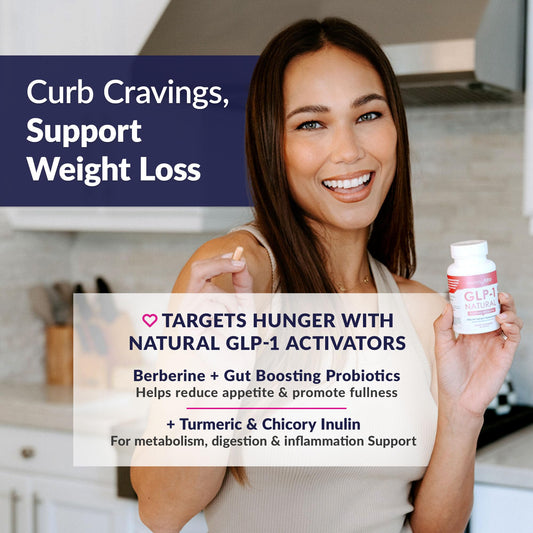 SkinnyFit GLP-1 capsules close-up highlighting probiotic blend for digestion support.