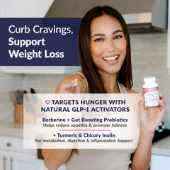 SkinnyFit GLP-1 capsules close-up highlighting probiotic blend for digestion support.