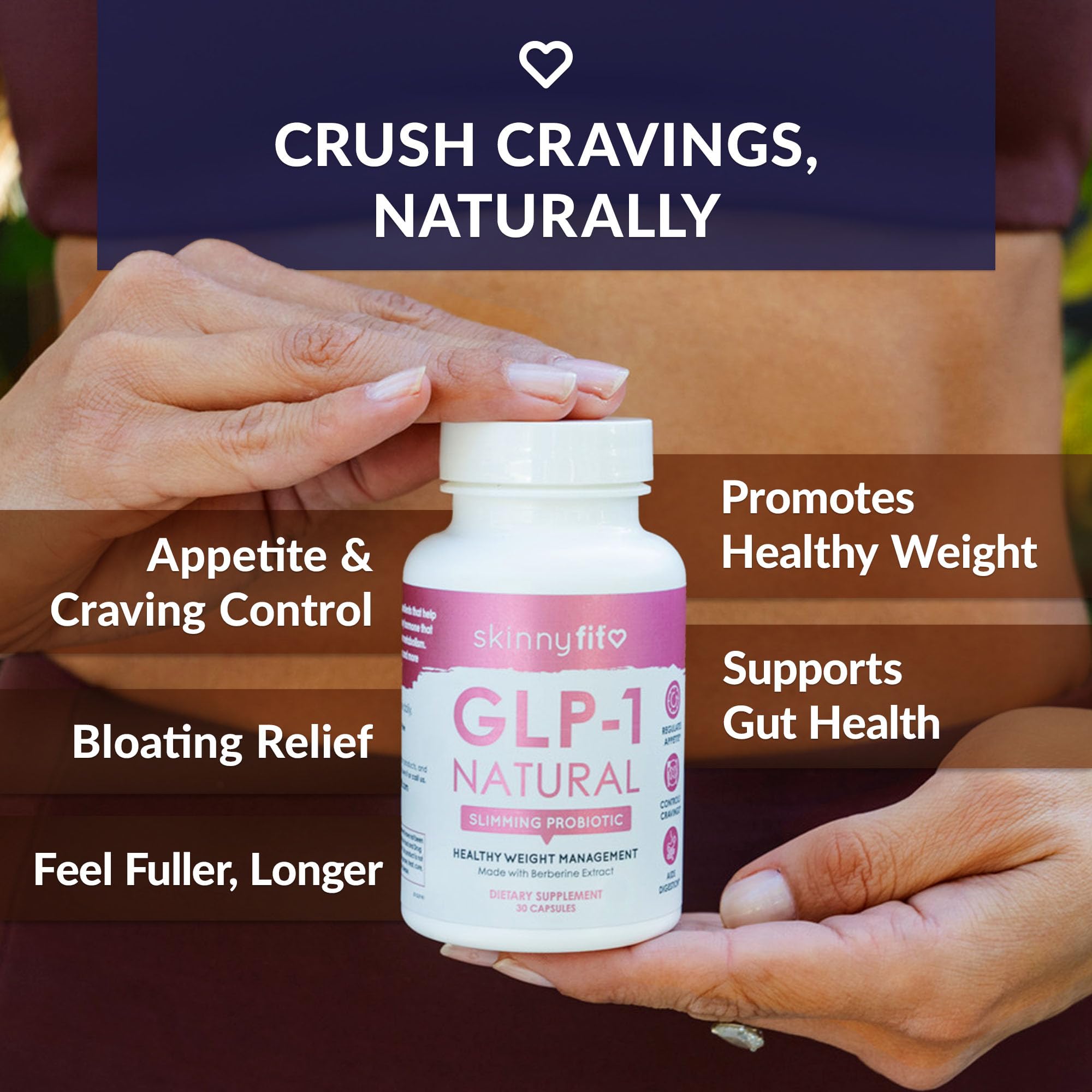 SkinnyFit GLP-1 Natural supplement label emphasizes clean ingredients and transparency.