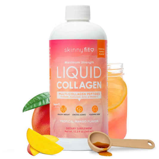 SkinnyFit Liquid Collagen Tropical Mango bottle shows convenient daily shot for beauty support.