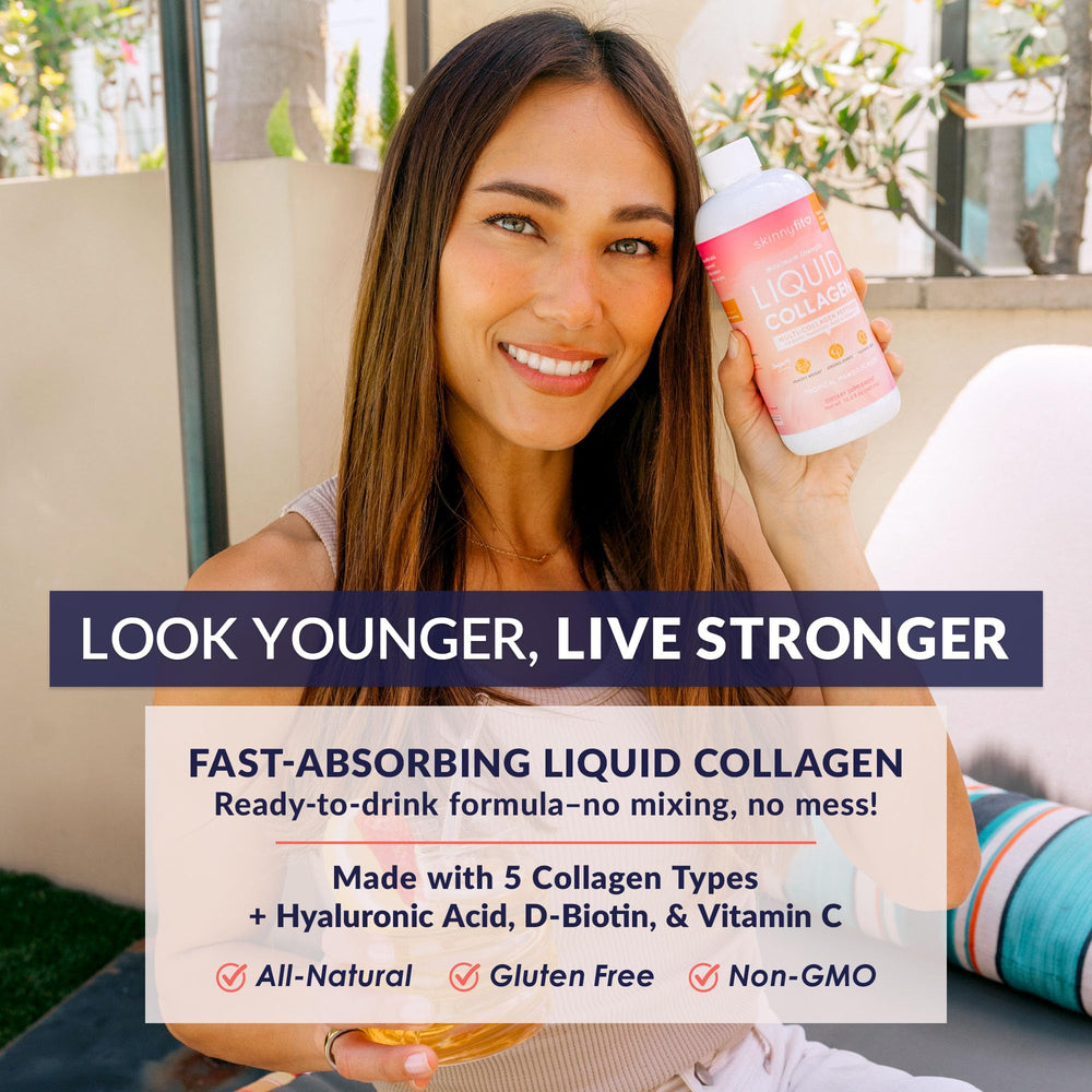 SkinnyFit Liquid Collagen Tropical Mango pour highlights quick absorption for a simple routine.