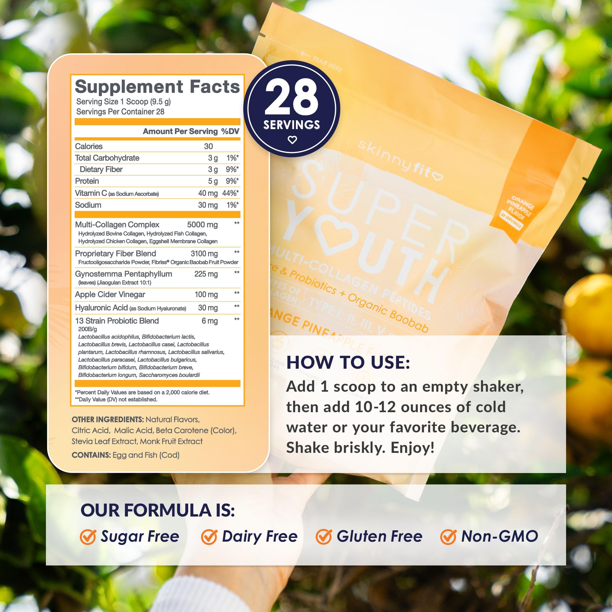 SkinnyFit Orange Pineapple flavor mix shows sugar-free, gluten-free collagen option.