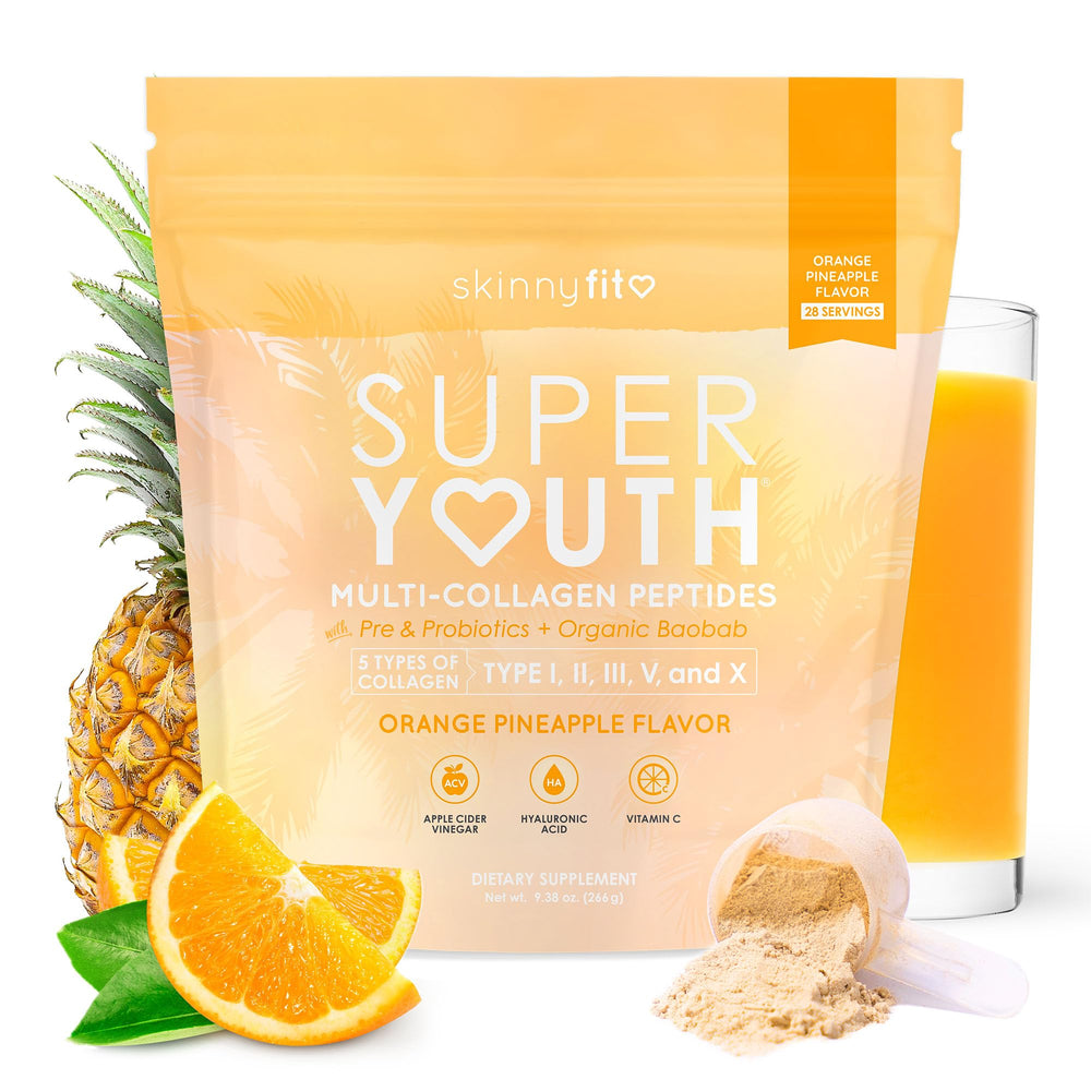 SkinnyFit Super Youth bottle pour shows convenient daily collagen routine for skin support.