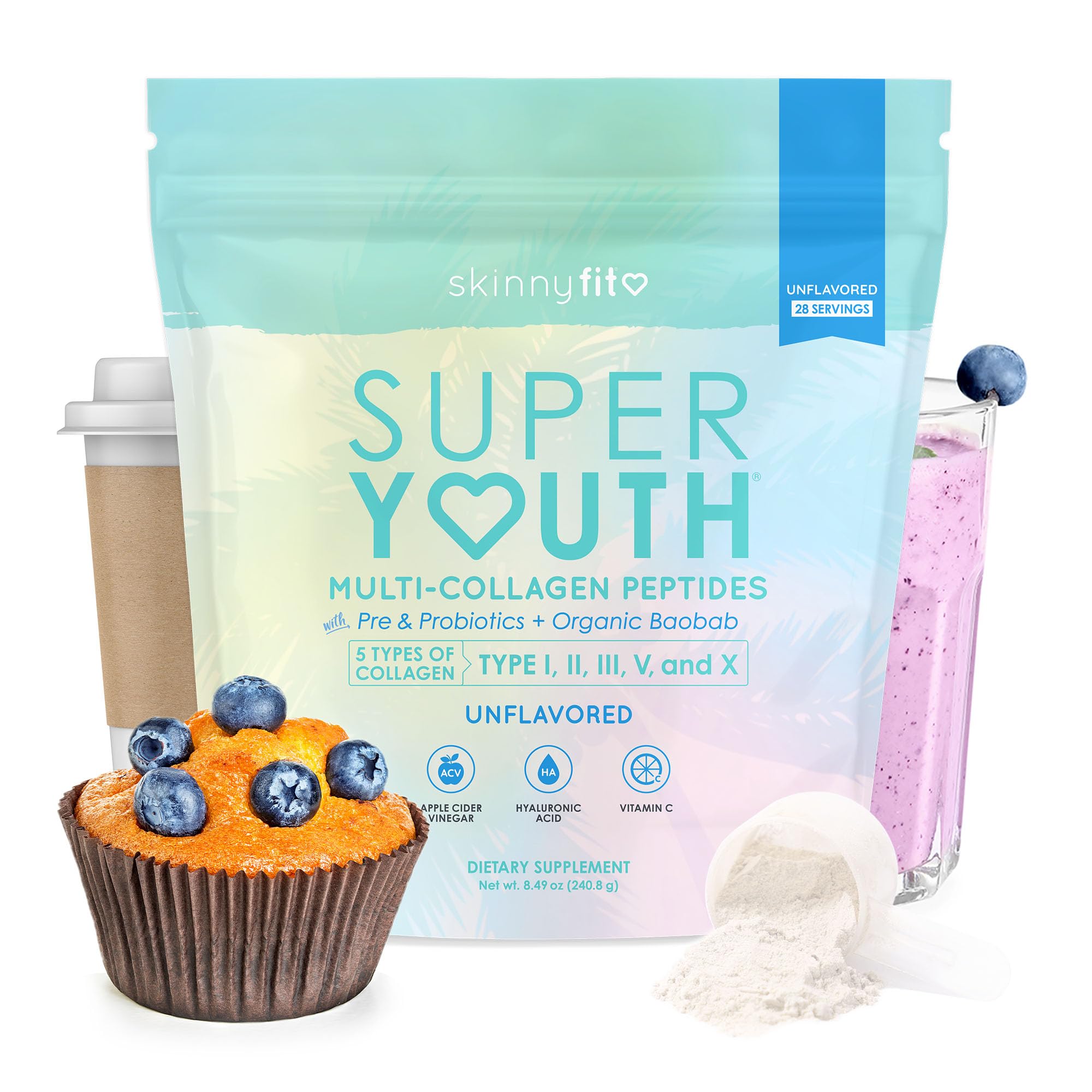 SkinnyFit Super Youth collagen powder tub front for skin and joints support.