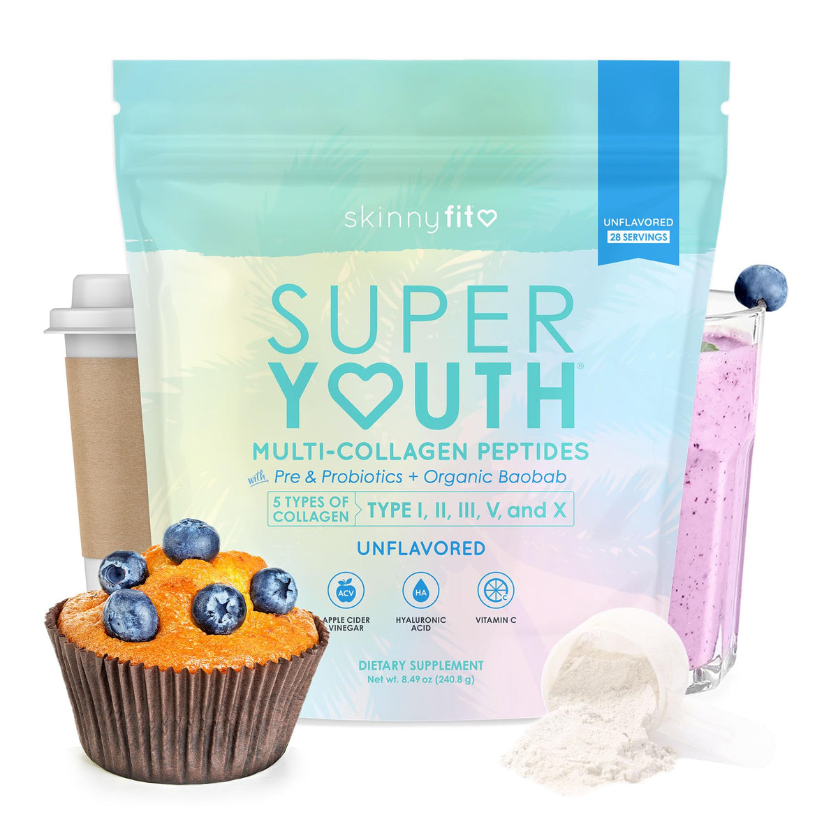 SkinnyFit Super Youth collagen powder tub front for skin and joints support.