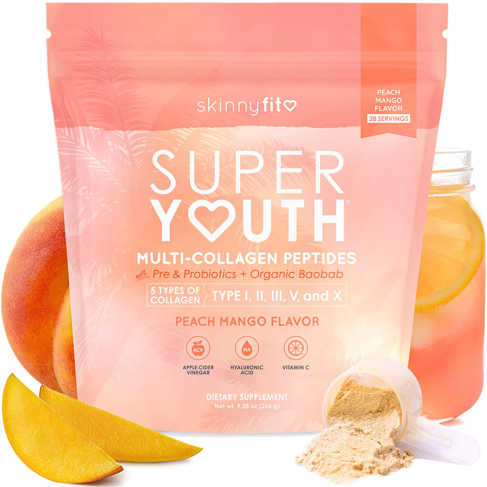 SkinnyFit Super Youth collagen tub closeup highlighting premium ingredients for skin support
