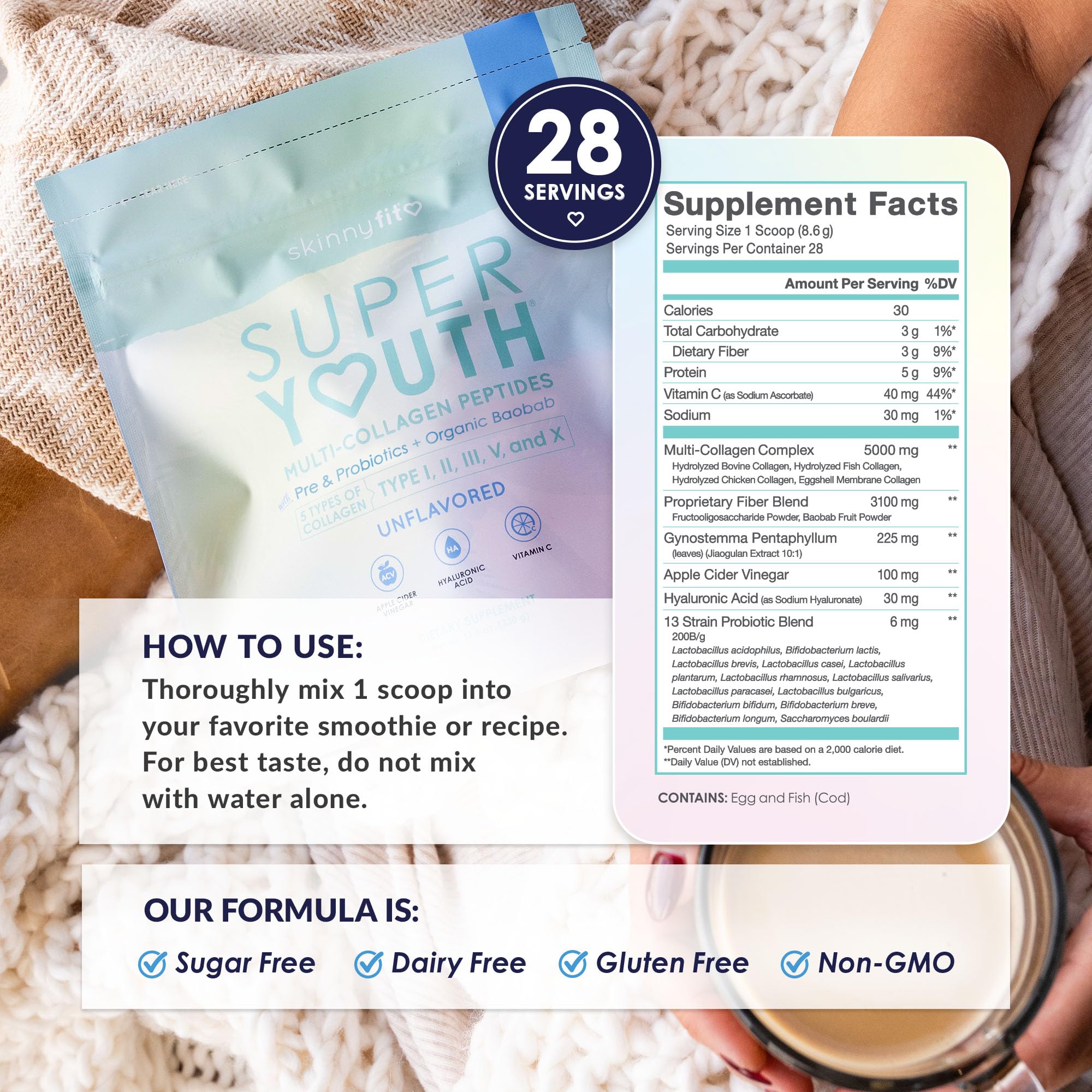 SkinnyFit Super Youth served with water highlighting daily hydration routine.