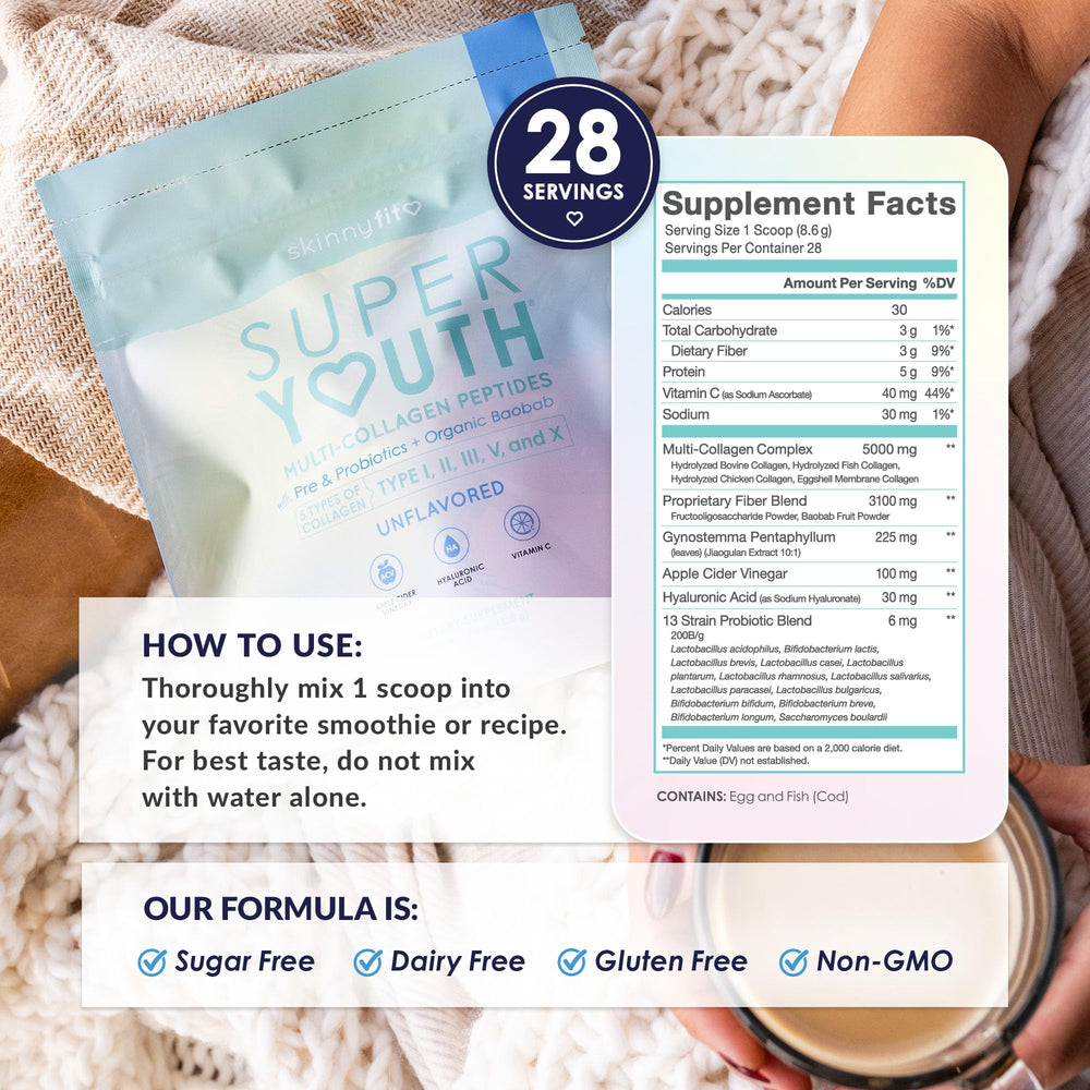 SkinnyFit Super Youth served with water highlighting daily hydration routine.