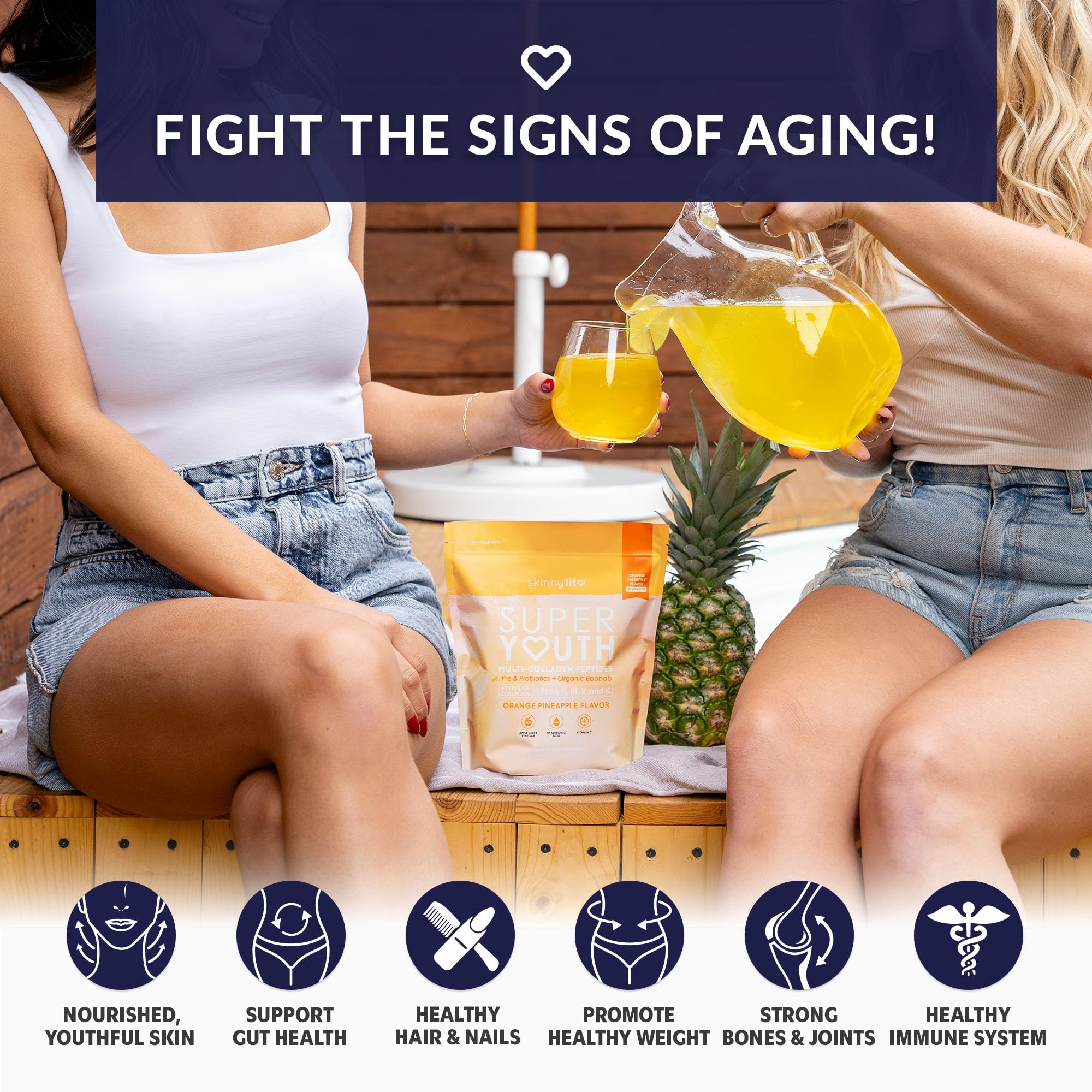 SkinnyFit Super Youth ingredients label highlights multi-collagen and probiotics benefits.