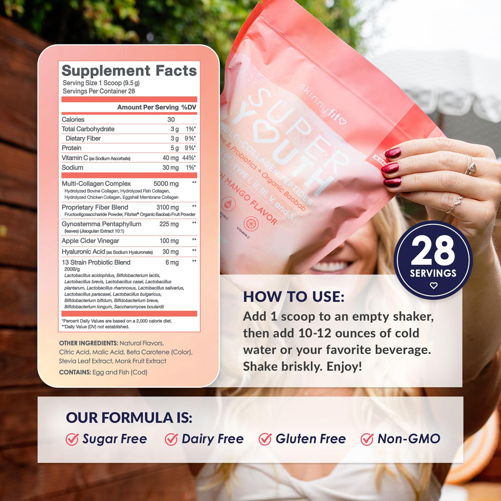 SkinnyFit Super Youth label closeup showing non GMO and gluten free claims
