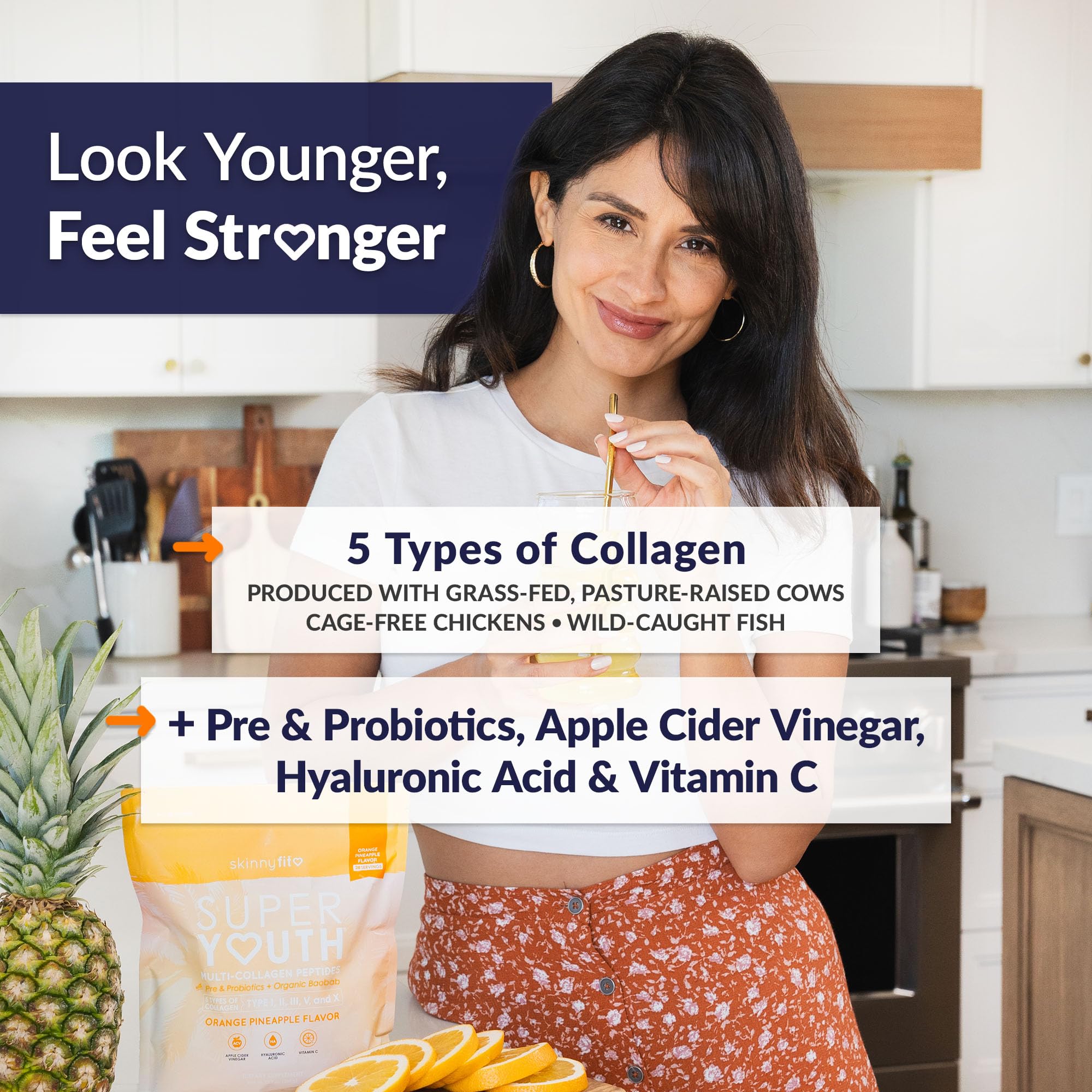 SkinnyFit Super Youth powder scoop ready to mix a sugar-free collagen boost.