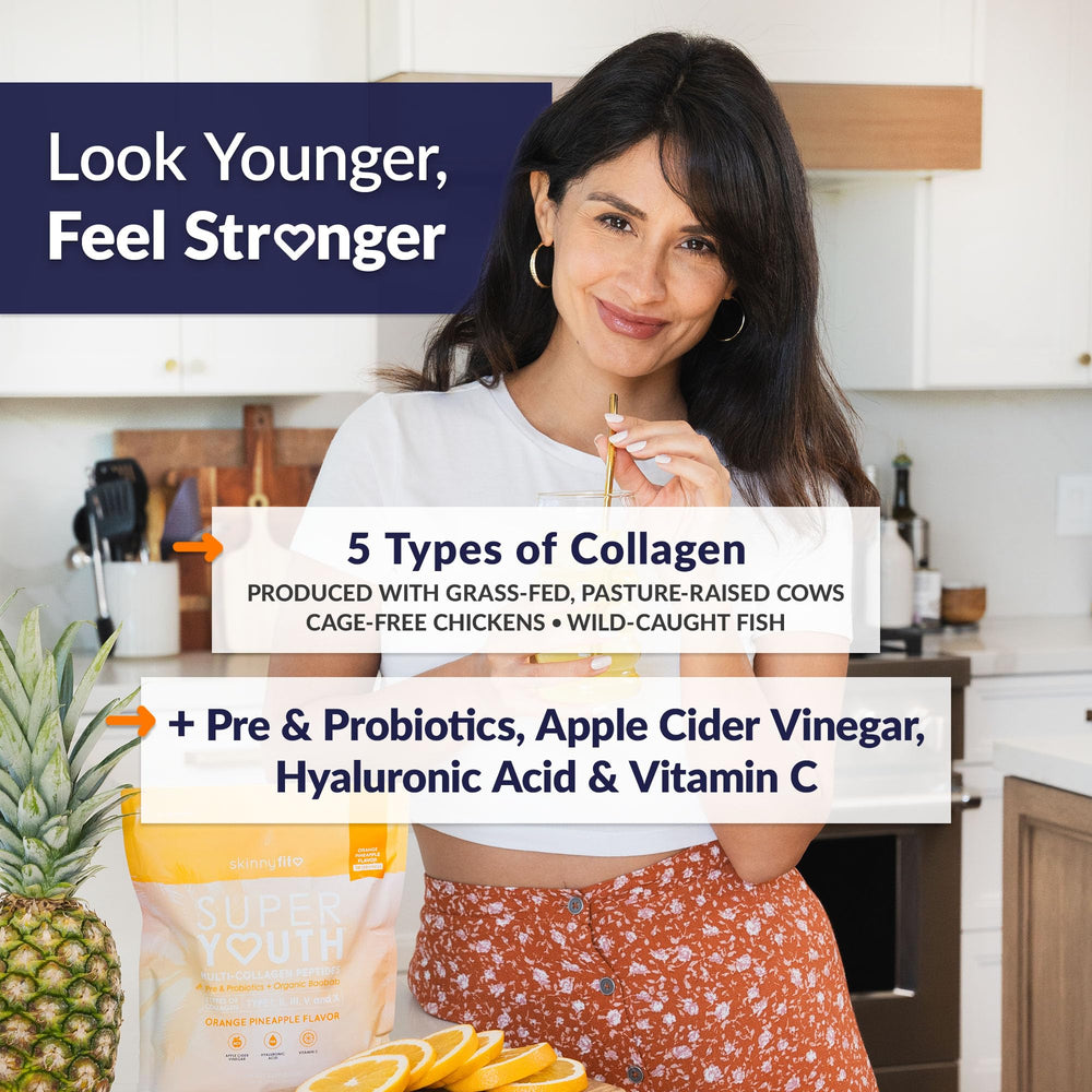 SkinnyFit Super Youth powder scoop ready to mix a sugar-free collagen boost.