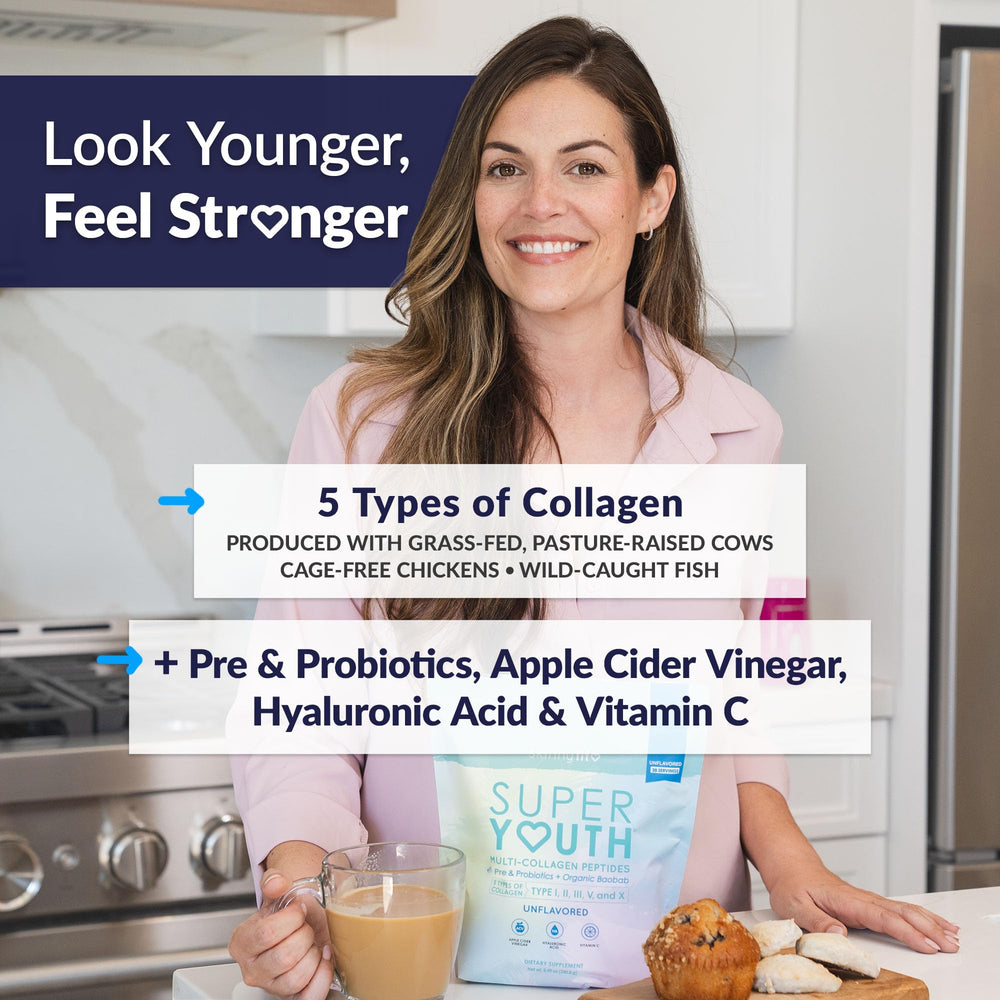 SkinnyFit Super Youth probiotics and prebiotics jar closeup for gut balance.