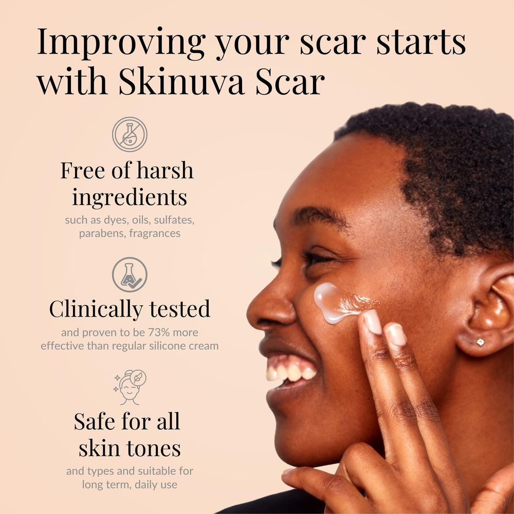 Skinuva growth factors bottle close-up showing advanced scar therapy potential.
