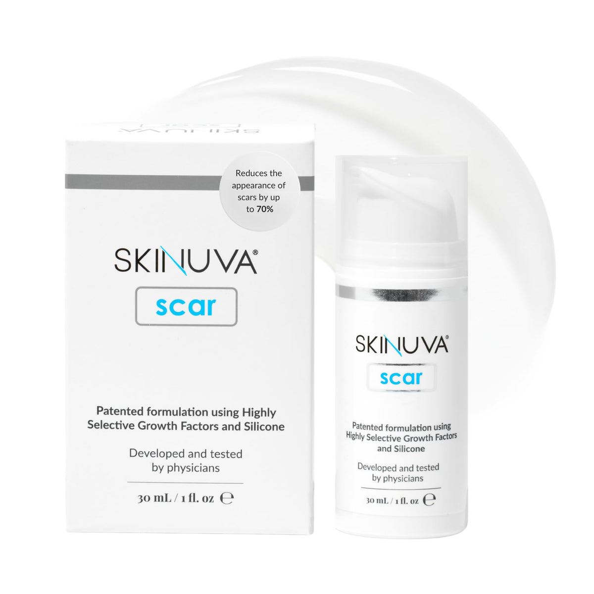 Skinuva Next Gen Scar Cream jar with growth factors for scar support.