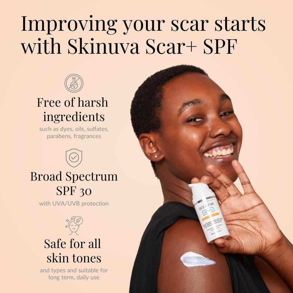 Skinuva ScarPlus SPF30 bottle provides sun protection for facial scars.