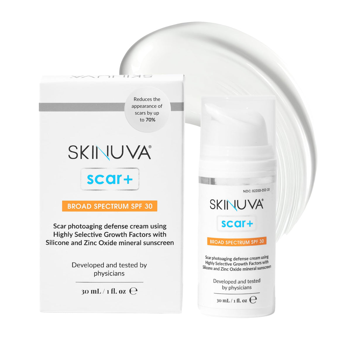 Skinuva ScarPlus SPF30 cream tube showcasing scar care and sun protection