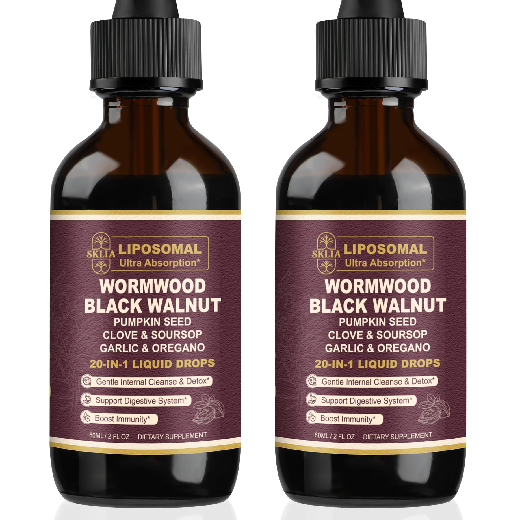SKLIA 20-in-1 liposomal wormwood bottle drops highlight enhanced absorption for gut support.