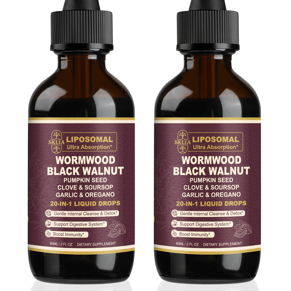 SKLIA 20-in-1 liposomal wormwood bottle drops highlight enhanced absorption for gut support.