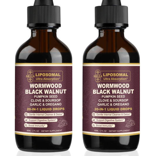 SKLIA 20-in-1 liposomal wormwood bottle drops highlight enhanced absorption for gut support.