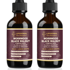 SKLIA 20-in-1 liposomal wormwood bottle drops highlight enhanced absorption for gut support.