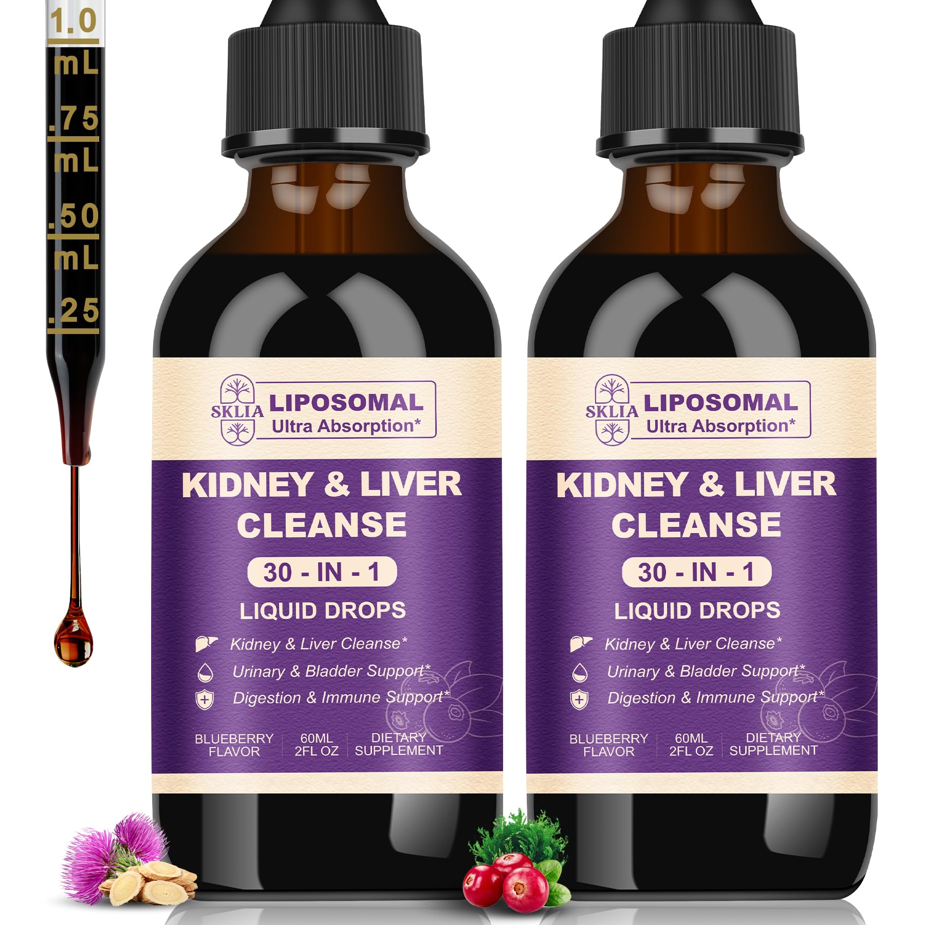 SKLIA 30-in-1 detox bottle with blueberry tincture for easy daily use.
