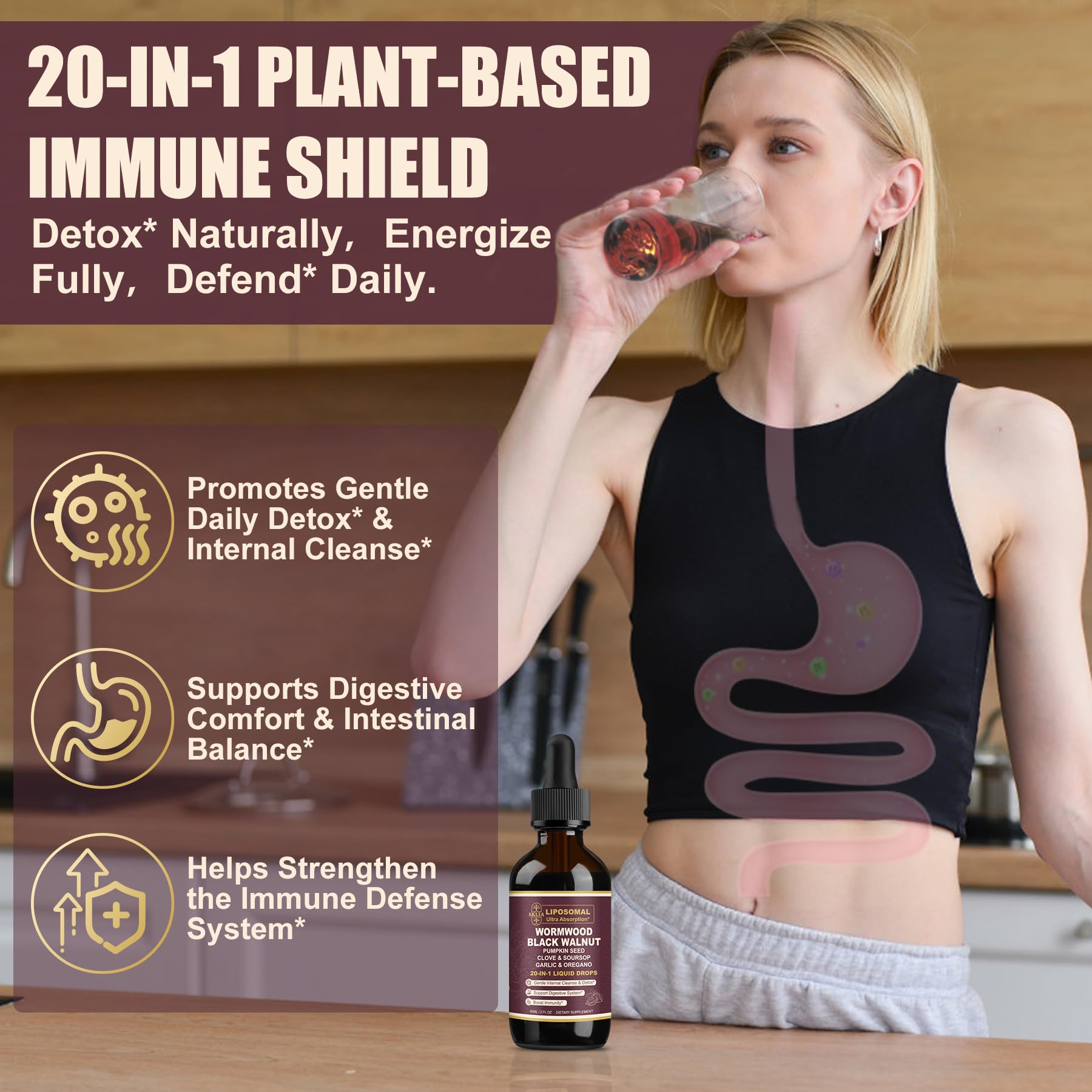 SKLIA berberine digestive-support drops emphasize metabolic balance and immune readiness.