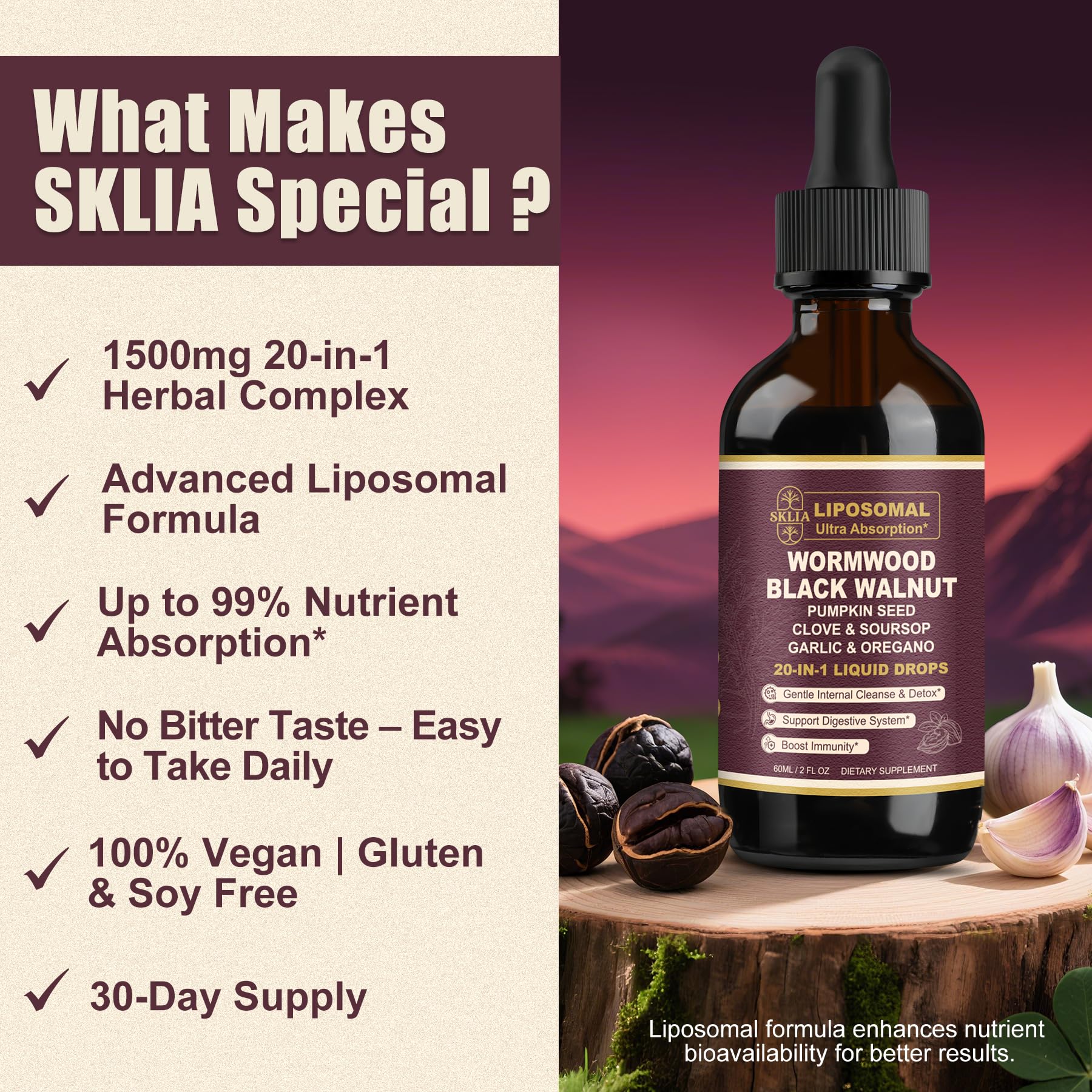 SKLIA slippery-elm gut-lining drops emphasize gentle support for nutrient absorption.
