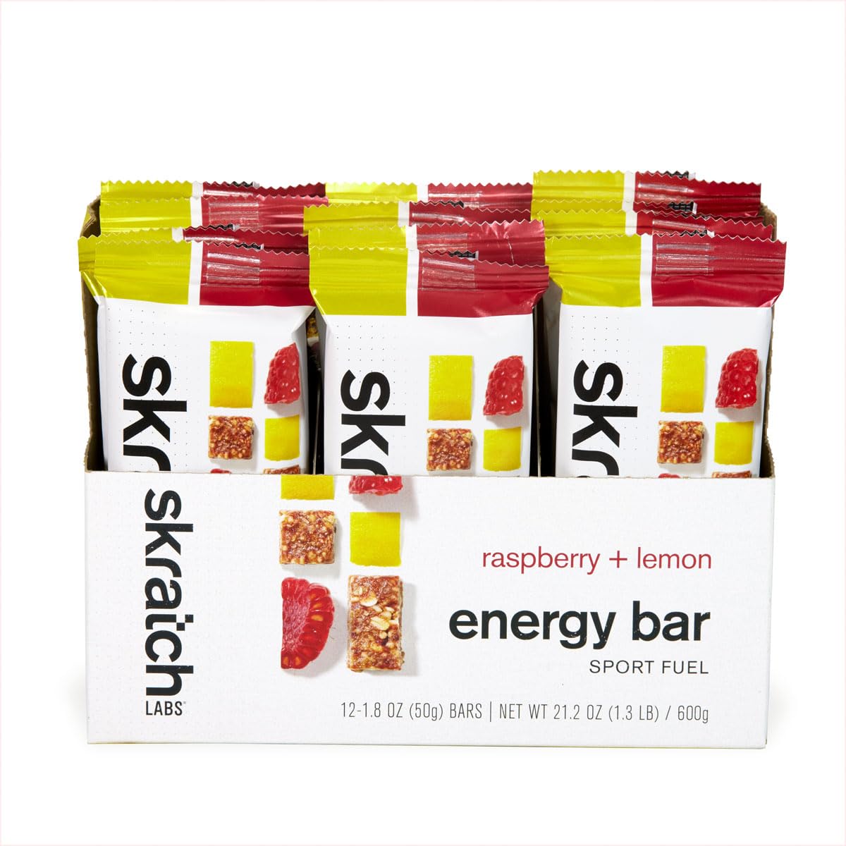 Bite view of Skratch Labs Raspberry Lemon bar with visible mix