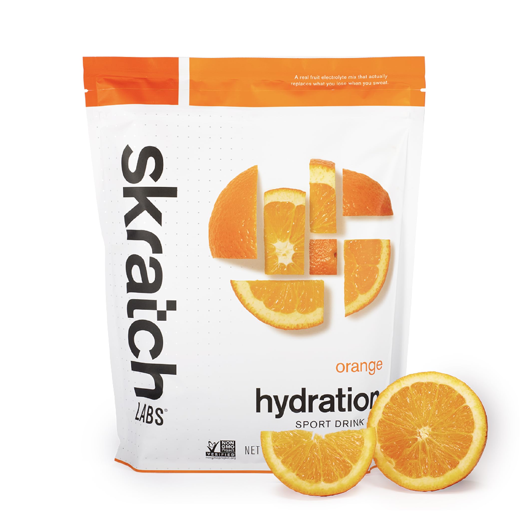 Skratch Labs Hydration Orange bottle being poured for quick electrolyte replacement.