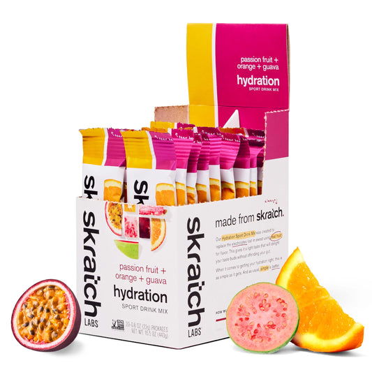 Skratch Labs hydration packets in passion fruit orange guava for on-the-go electrolyte replacement.
