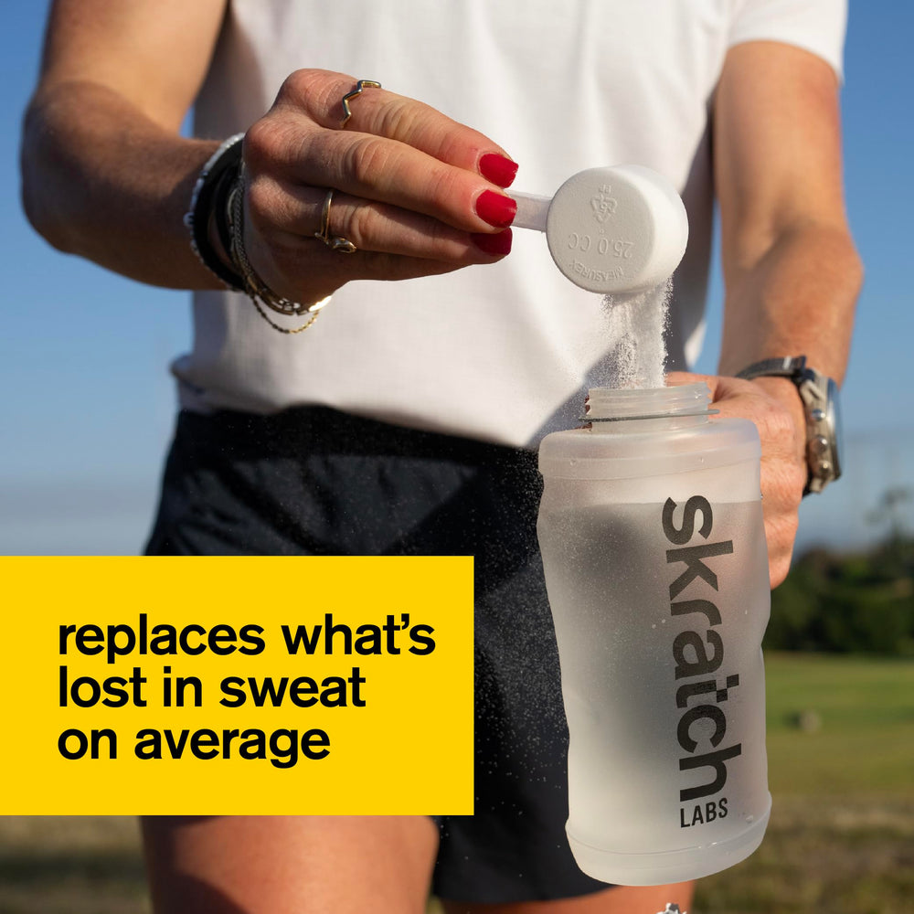 Prepared Skratch Labs Strawberry Lemonade drink in glass showcases real fruit flavor.