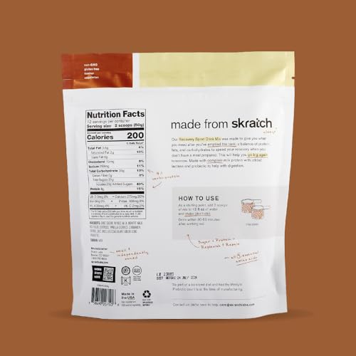 Skratch Labs Recovery powder scoop shows 8 g protein per serving