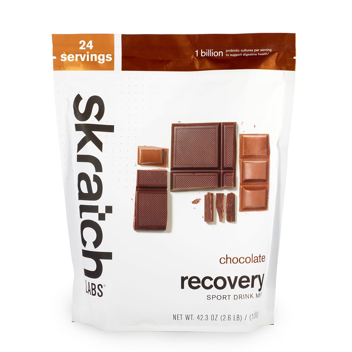 Skratch Labs Recovery Chocolate bottle pour shows smooth flavor and fast post-workout hydration.