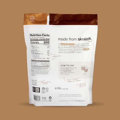 Skratch Labs Recovery Chocolate glass angled highlights creamy texture and balanced carbs.