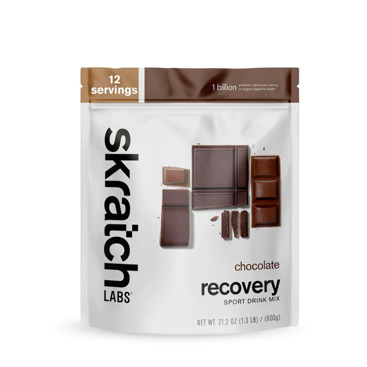 Skratch Labs chocolate recovery drink bottle, a convenient post-workout option.
