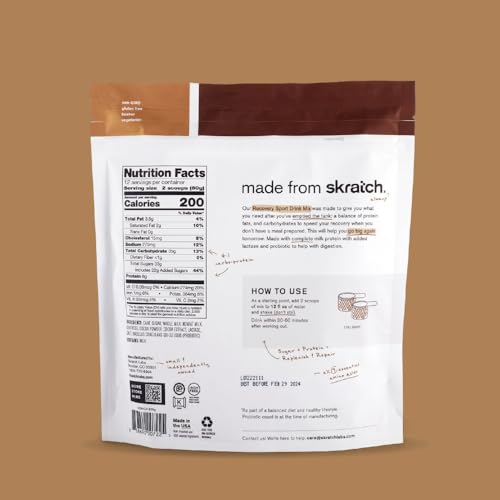 Skratch Labs recovery drink chocolate label close-up shows gluten-free and kosher quality.