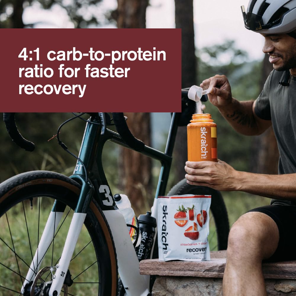Skratch Labs Recovery packaging icons indicate gluten-free, non-GMO, and vegetarian attributes