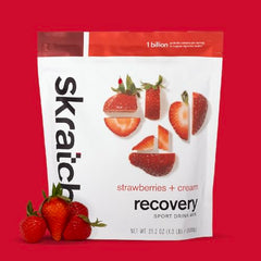 Skratch Labs Recovery scoop beside a glass showing quick mix for energy after training