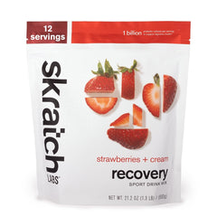 Skratch Labs Recovery powder in strawberry cream flavor ready for post-workout refuel