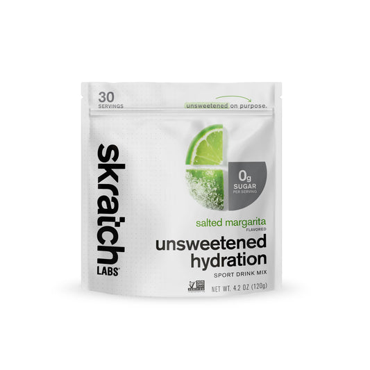 Skratch Labs Unsweetened Hydration front label showing Salted Margarita flavor and zero sugar claim