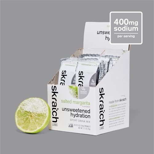 Skratch Labs Unsweetened Hydration powder tub with salt and lime notes visible.