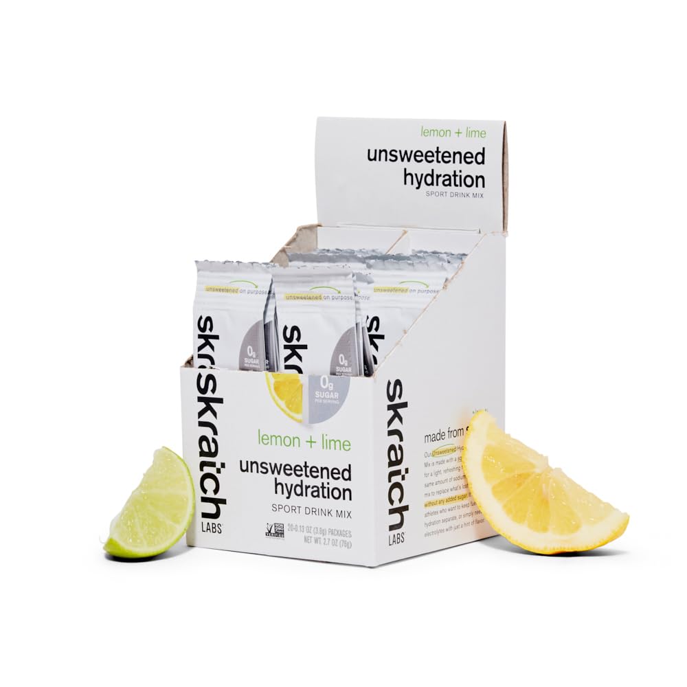 Skratch Labs Unsweetened Hydration with lemon-lime in a glass for real fruit flavor.